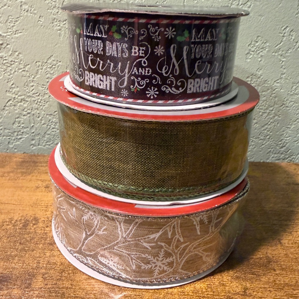 Lot of 3 Spools Ribbon Holiday Christmas Black Green Burlap Snowflake Merry New